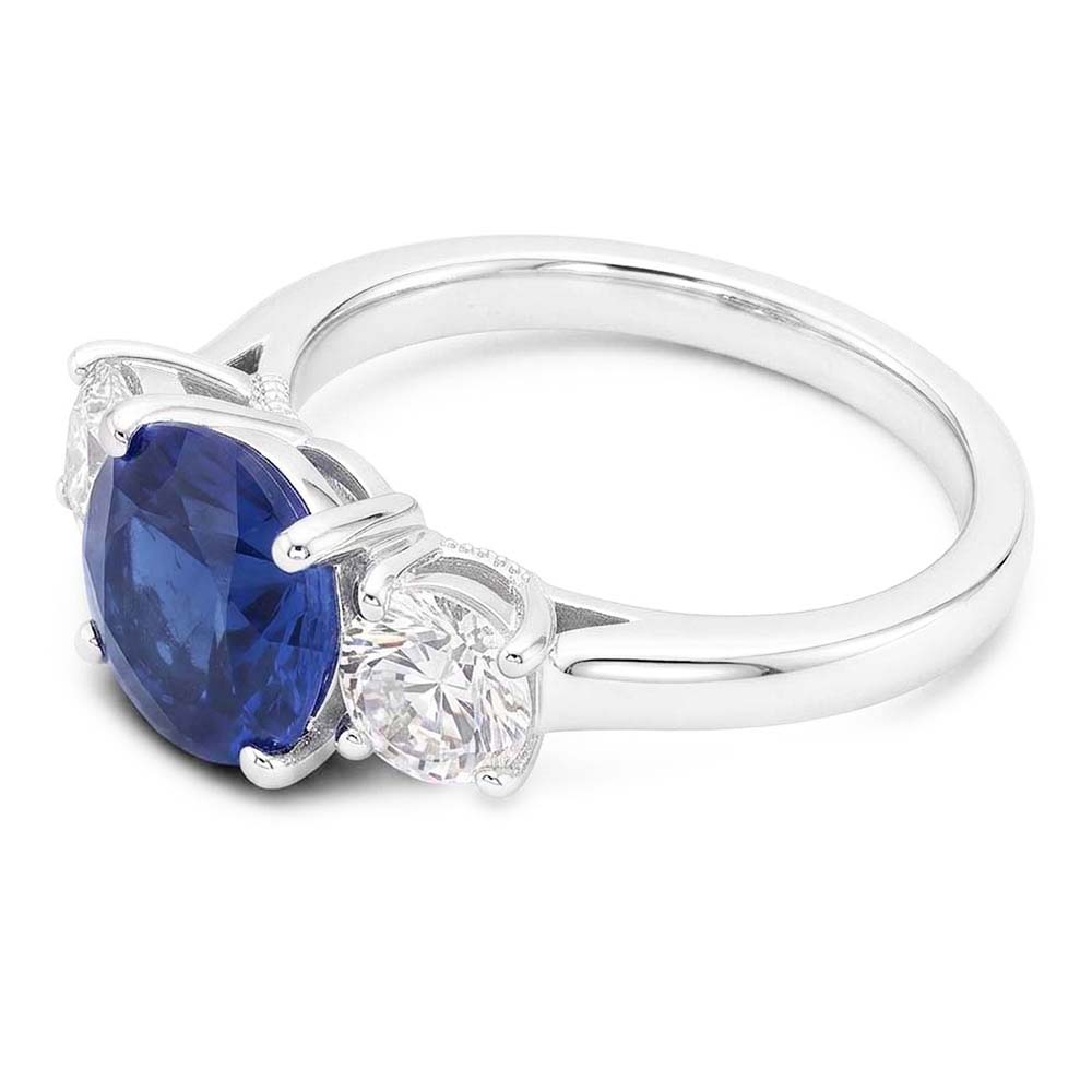 Gold Wedding Ring Round Natural Earth Mined Diamond & Ceylon Sapphire 3 Stone 3 Carats