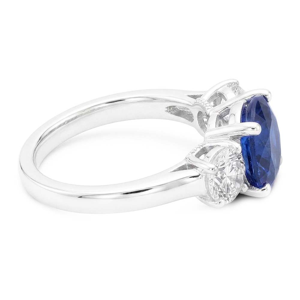 Gold Wedding Ring Round Natural Earth Mined Diamond & Ceylon Sapphire 3 Stone 3 Carats