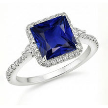 Gold Halo Natural Earth Mined Diamond Ring Princess Blue Sapphire With Accents 6.25 Carats