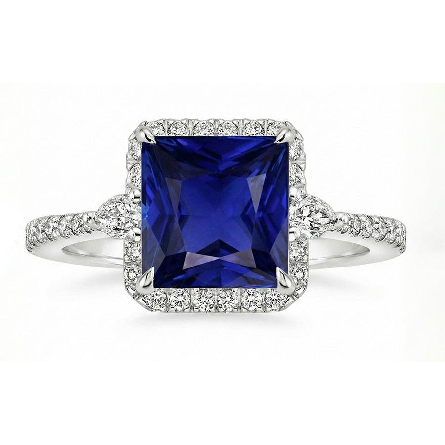 Gold Halo Natural Earth Mined Diamond Ring Princess Blue Sapphire With Accents 6.25 Carats
