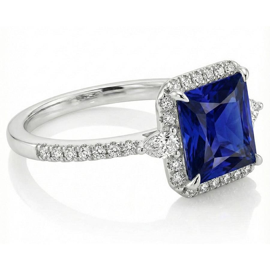 Gold Halo Natural Earth Mined Diamond Ring Princess Blue Sapphire With Accents 6.25 Carats