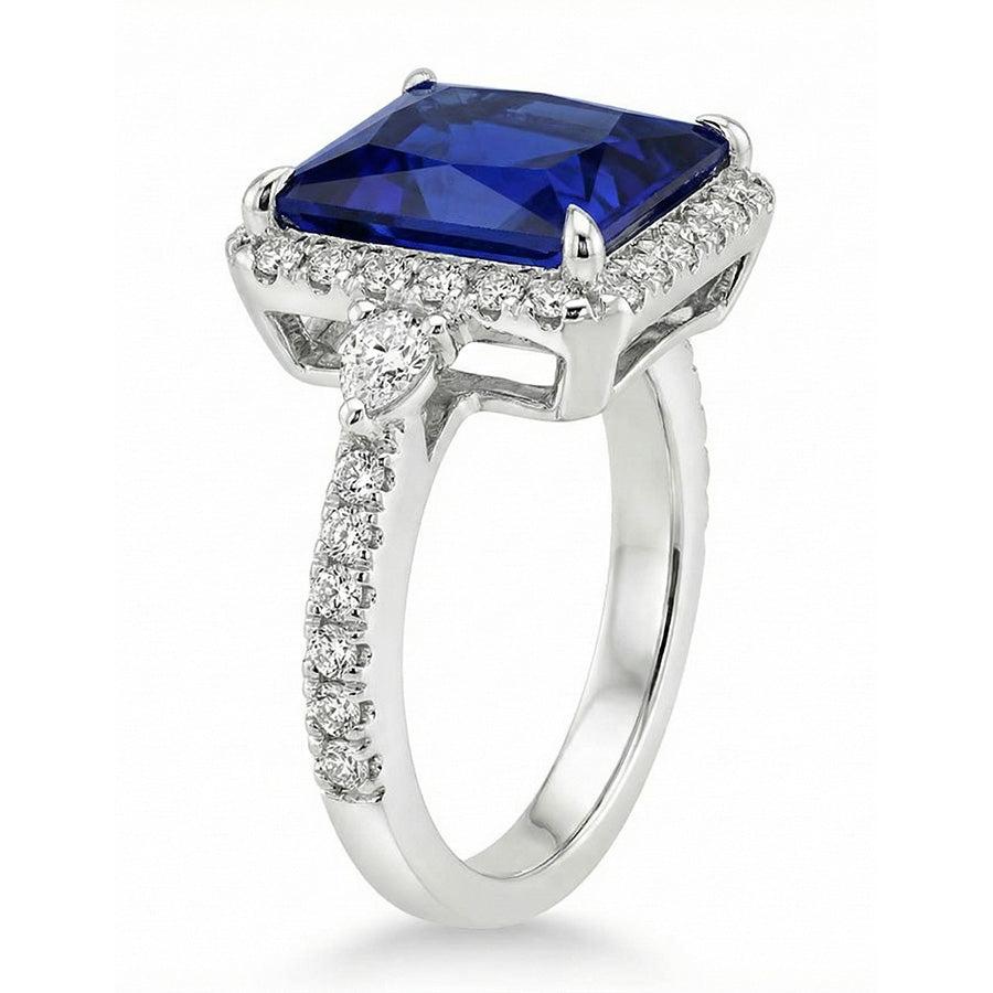 Gold Halo Natural Earth Mined Diamond Ring Princess Blue Sapphire With Accents 6.25 Carats