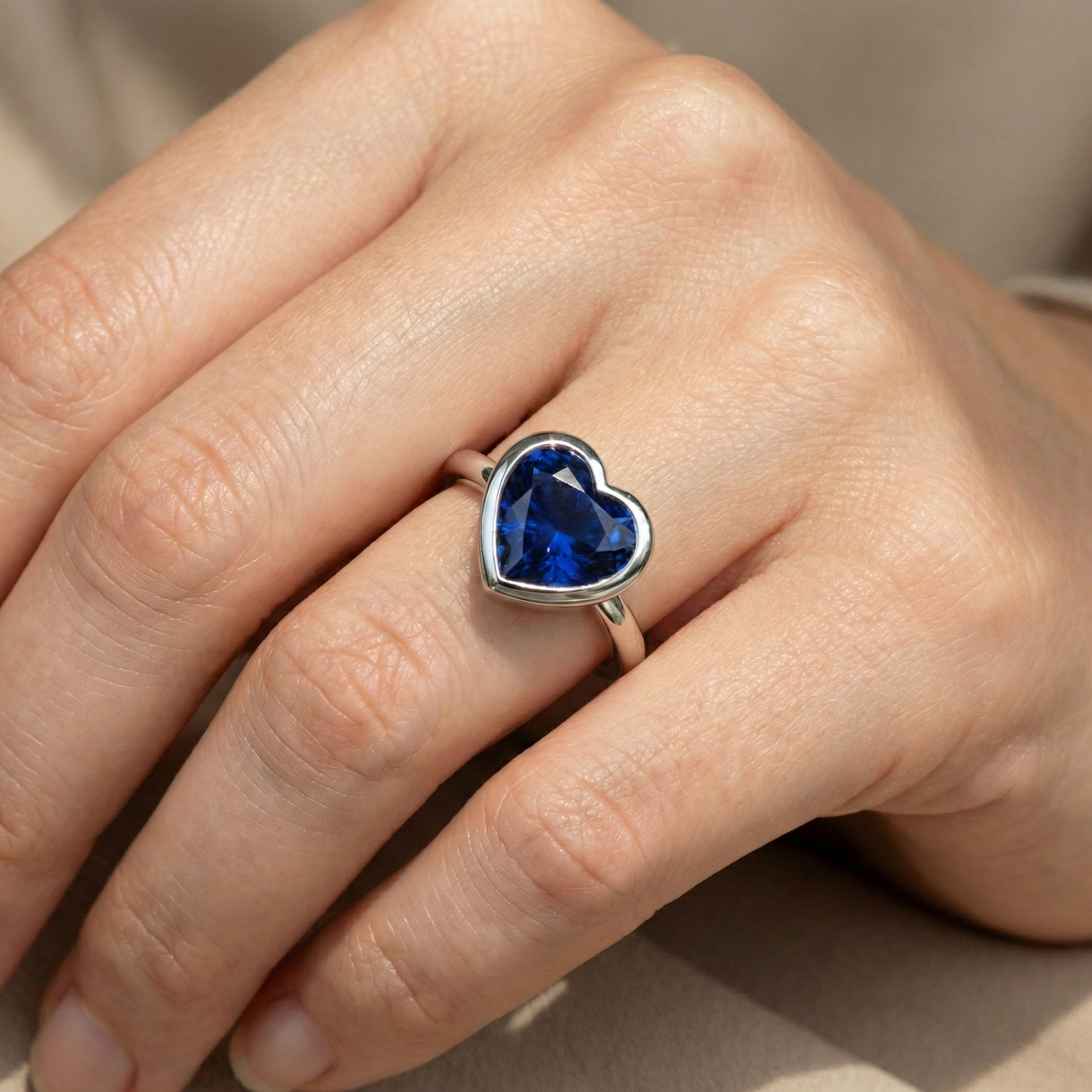 Gold Women's Engagement Heart Bezel Set Blue Sapphire Ring 3 Carats