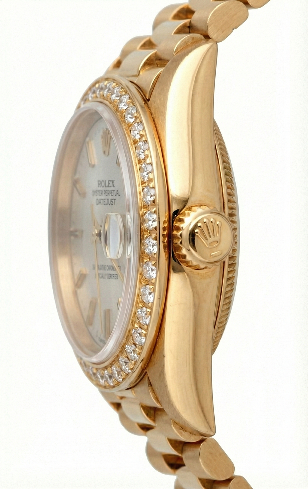 Gold Presidential Rolex Watch White Stick Dial Diamond Bezel Dj