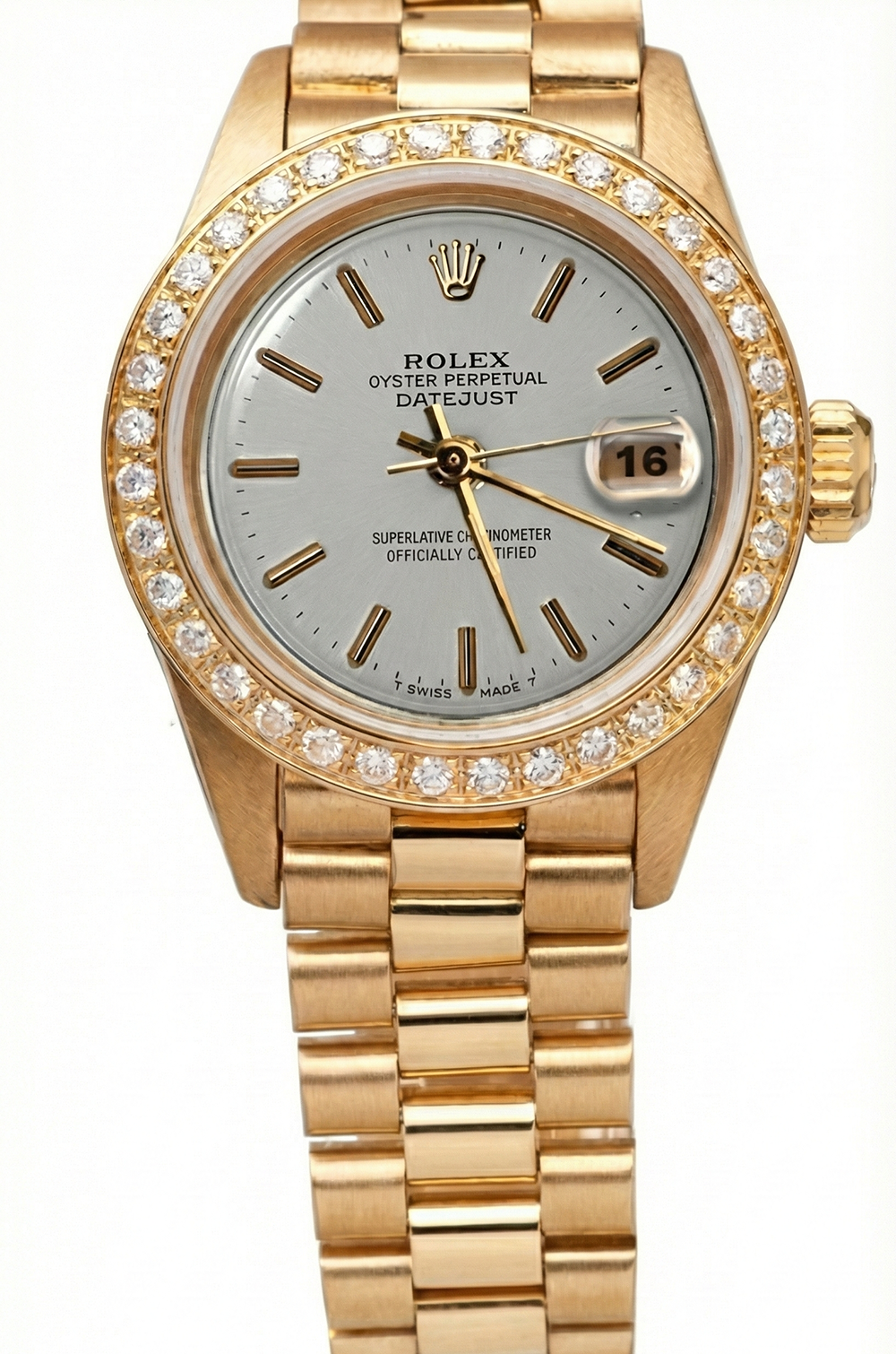 Gold Presidential Rolex Watch White Stick Dial Diamond Bezel Dj