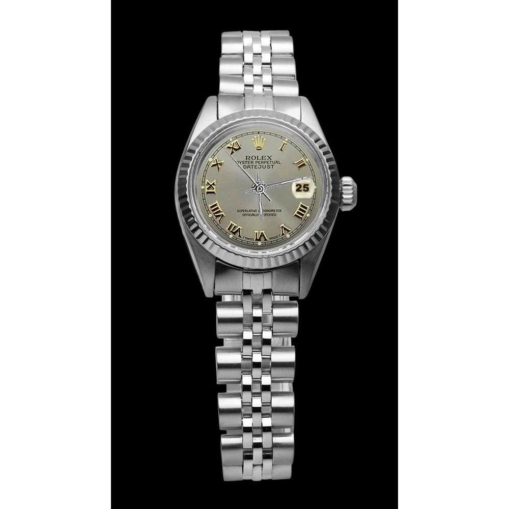 Gray Roman Dial Rolex Datejust Women Bezel Jubilee Ss