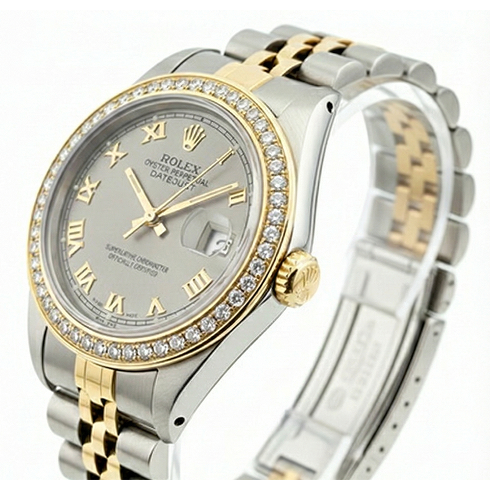 Gray Roman Dial Diamond Bezel Ss & Gold Rolex Lady Watch Datejust