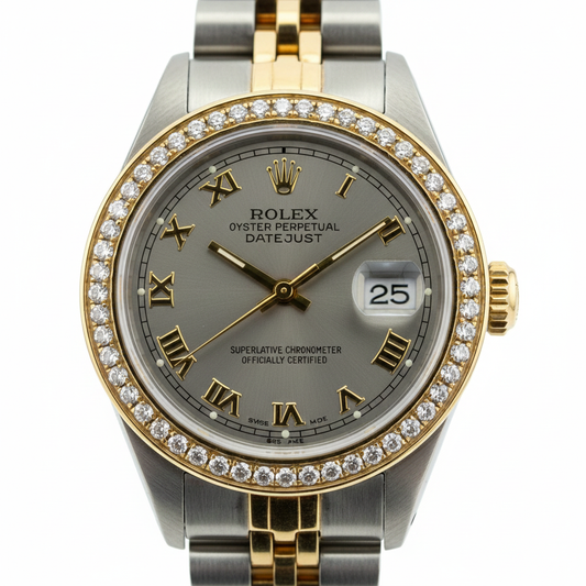 Gray Roman Dial Diamond Bezel Ss & Gold Rolex Lady Watch Datejust