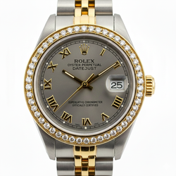 Gray Roman Dial Natural Earth Mined Diamond Bezel Ss & Gold Rolex Lady Watch Datejust