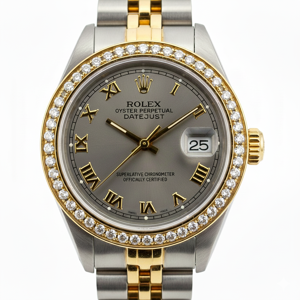 Gray Roman Dial Natural Earth Mined Diamond Bezel Ss & Gold Rolex Lady Watch Datejust