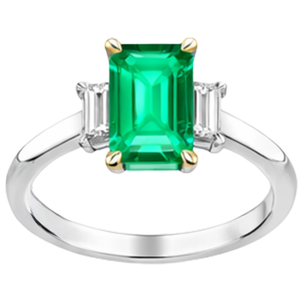 Colombian Emerald Step Cut Precious Stone Ring in 14K Two Tone Gold – front view
