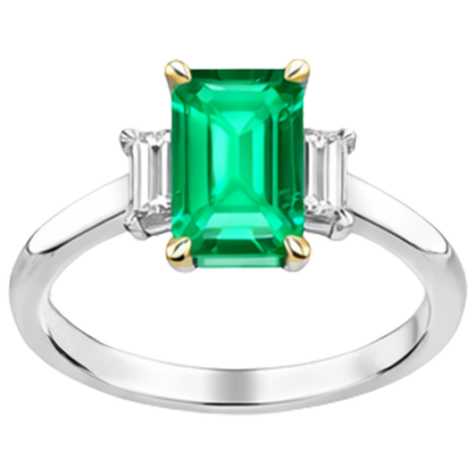 Colombian Emerald Step Cut Precious Stone Ring in 14K Two Tone Gold – front view
