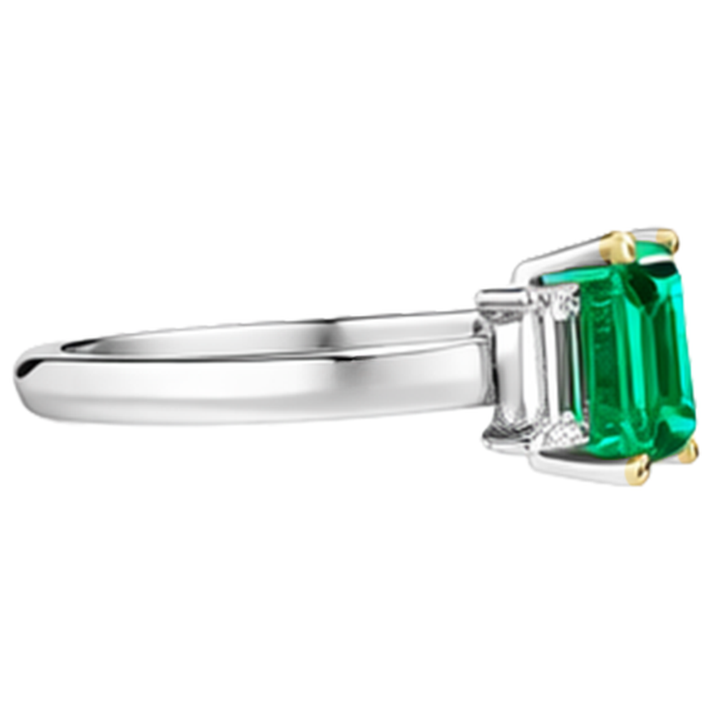 Step Cut Colombian Emerald ring in 14K Two Tone Gold – top view