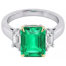 Step Cut Colombian Emerald ring in 14 Karat Two Tone Gold – front view