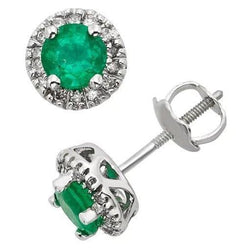 Green Emerald And Halo Natural Earth Mined Diamond Lady Stud Earrings 5.70 Carat White Gold 14K