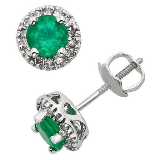 Green Emerald And Halo Diamond Lady Stud Earrings 5.70 Carat White Gold 14K