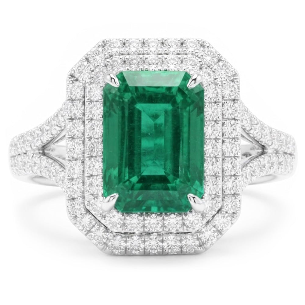 Green Emerald And Natural Earth Mined Diamonds 11.75 Carats Anniversary Ring White Gold 14K