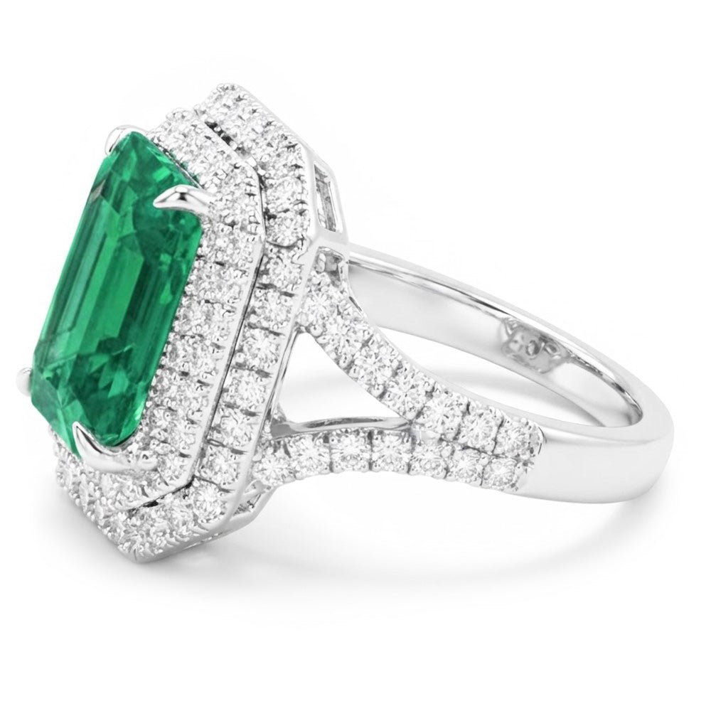 Green Emerald And Natural Earth Mined Diamonds 11.75 Carats Anniversary Ring White Gold 14K