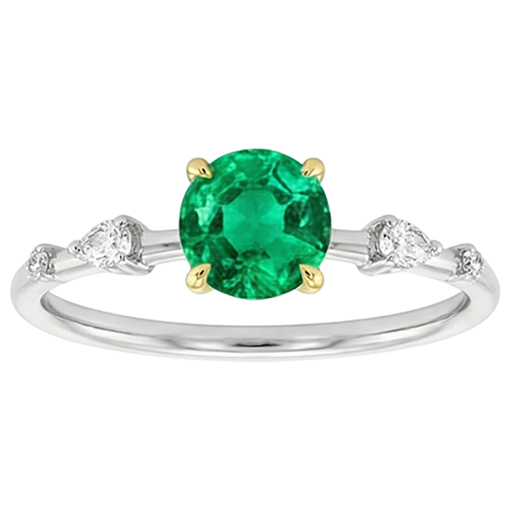Fine Emerald Round Brilliant Precious Stone Ring in Two-Tone 14K Gold – side view