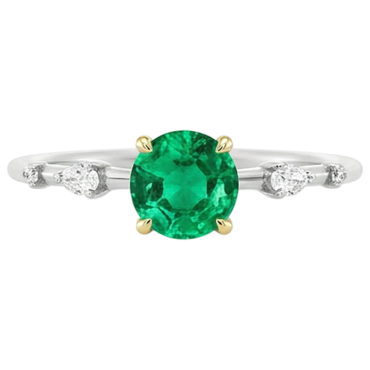 Fine Emerald Round Brilliant Precious Stone Ring in Two-Tone 14K Gold – front view