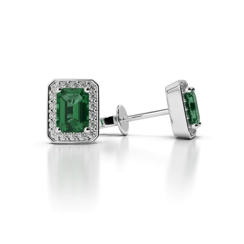 Green Emerald Cut Emerald With Diamonds 5 Ct Studs Halo Earrings White Gold