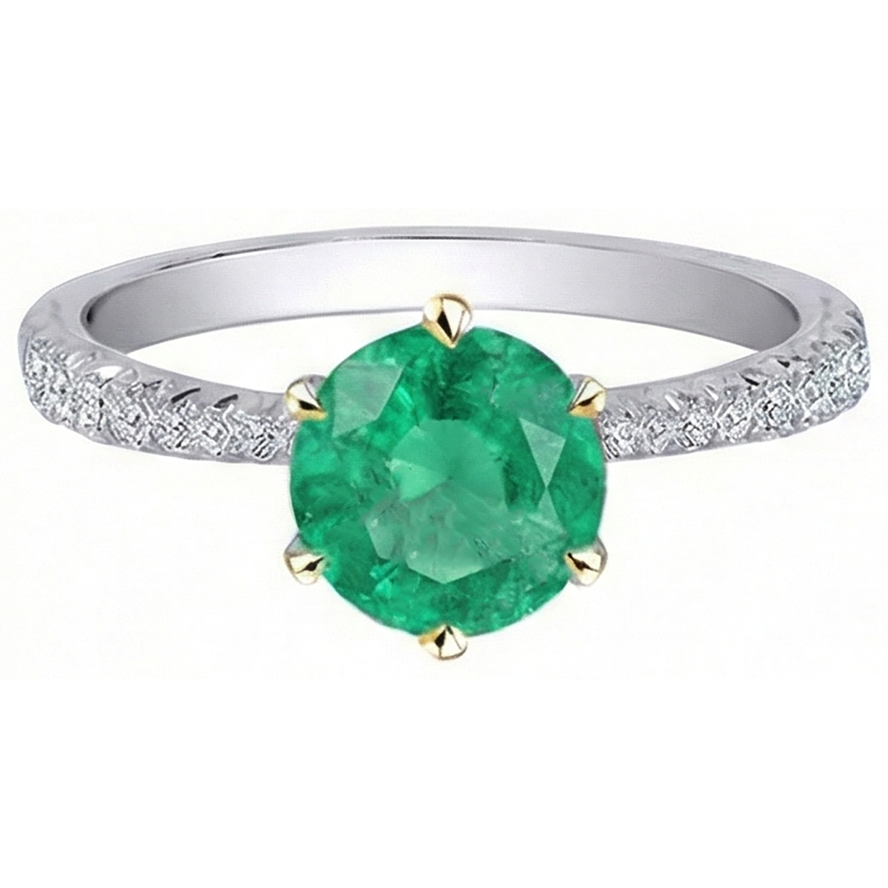 Emerald Round Cut Colored Stone Ring in Two-Tone 14K Gold – front view