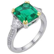 Fine Emerald Step Cut Precious Stone Ring in 14 Karat Two Tone Gold – side view
