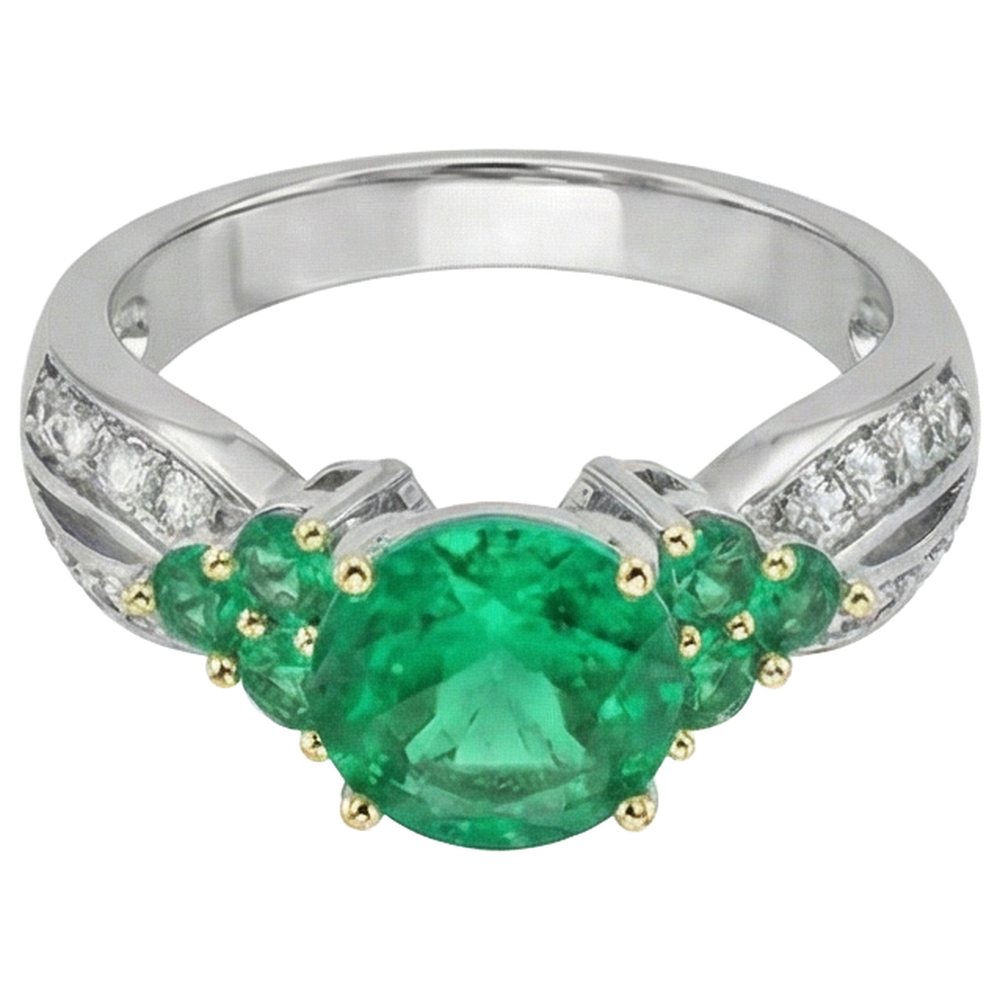 Colombian Emerald Colored Stone Ring 2-ct 14 Karat Two Tone Gold – angle view