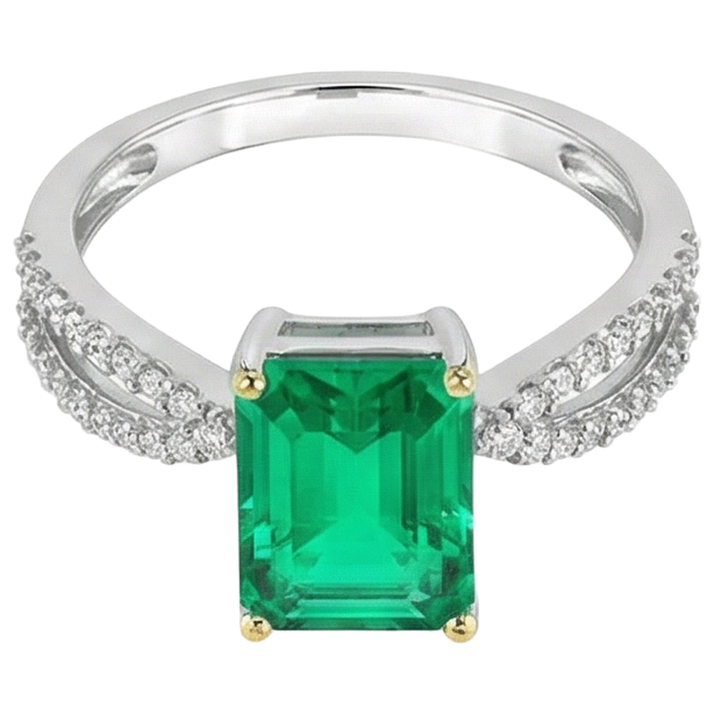Colombian Emerald Precious Stone Ring 2-ct 14 Karat Two Tone Gold – angle view