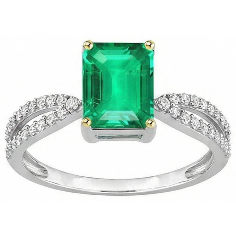 Colombian Emerald Precious Stone Ring 2-ct 14 Karat Two Tone Gold – side view