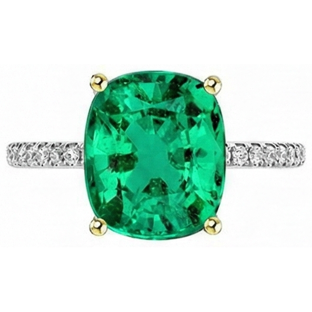 Earth-Mined Colombian Emerald Gemstone Ring 4 ct 14 Karat Two Tone Gold – front view