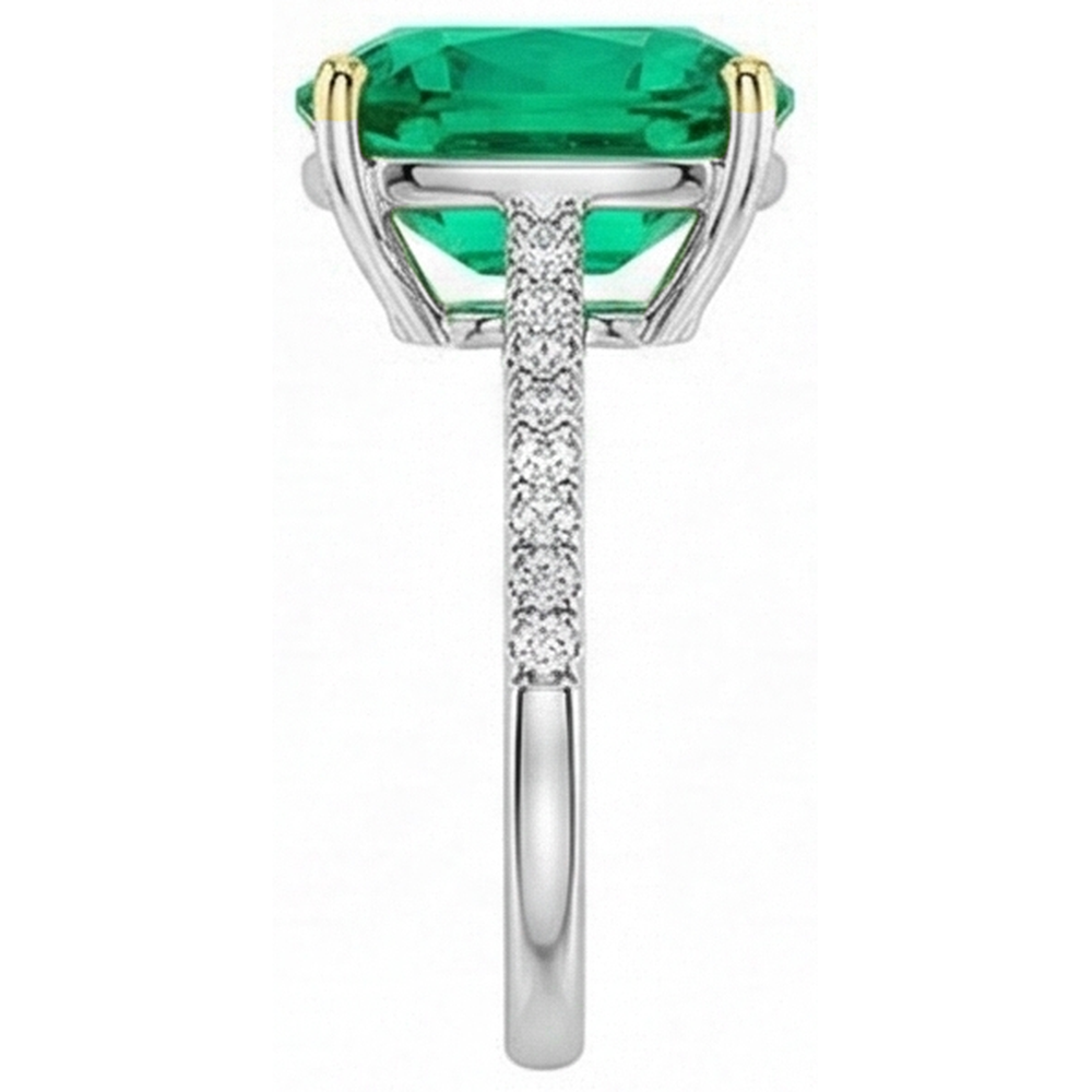 Colombian Emerald Cushion Gemstone Ring in 14 Karat Two Tone Gold – profile view