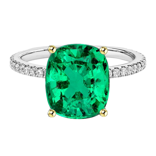 Colombian Emerald Cushion Gemstone Ring in 14 Karat Two Tone Gold – main view