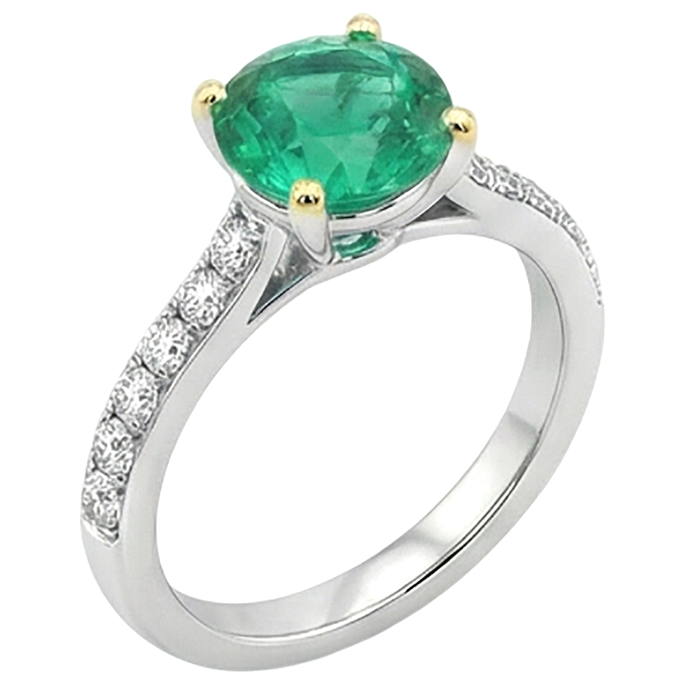 Colombian Emerald Round Brilliant Precious Stone Ring in Two-Tone 14K Gold – angle view