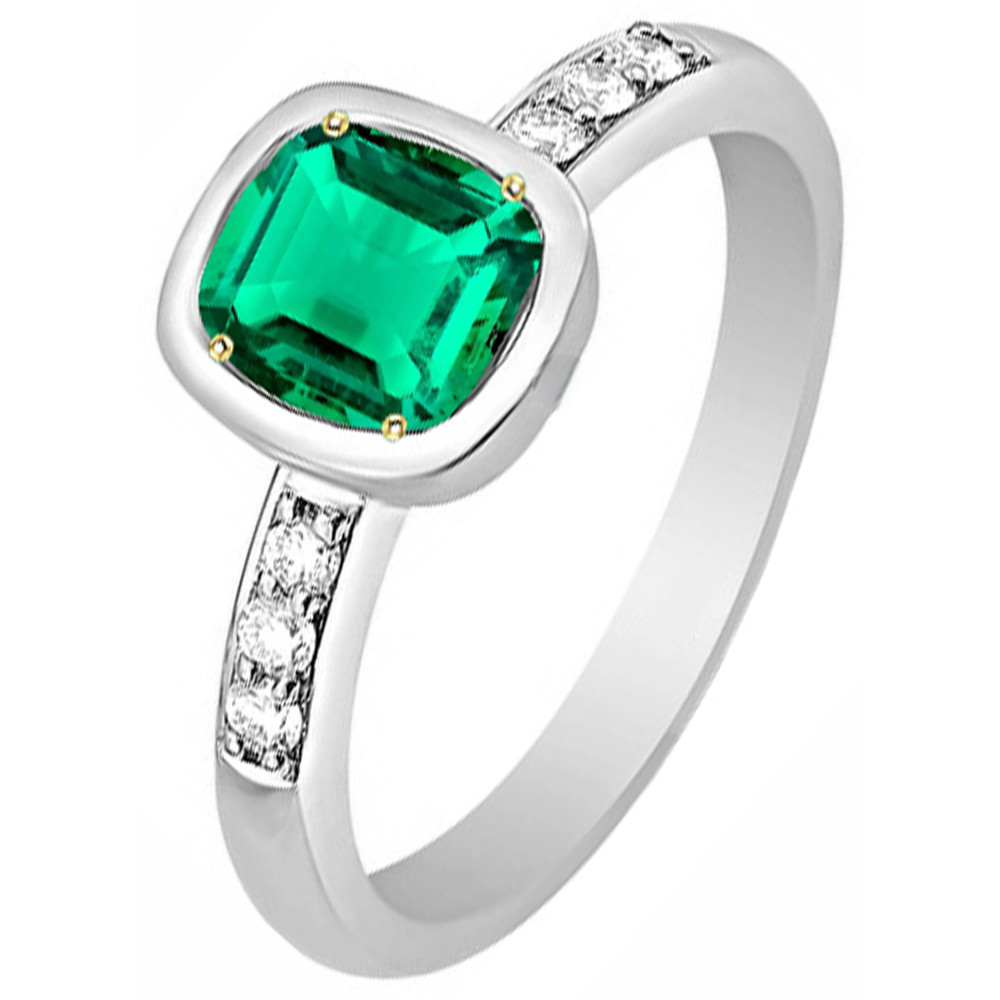 Fine Emerald Cushion Cut Precious Stone Ring in Two-Tone 14K Gold – profile view
