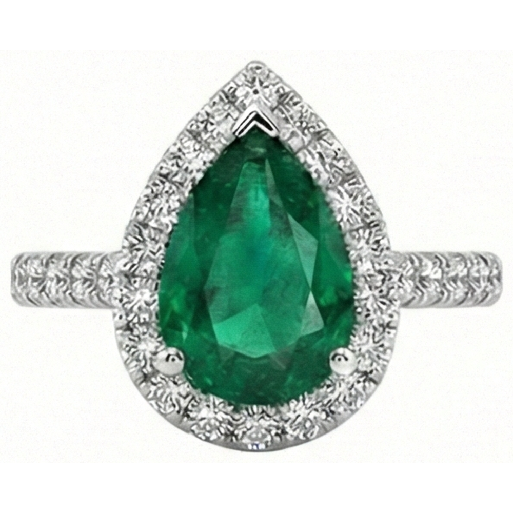 Green Emerald Gemstone Ring With Halo Natural Earth Mined Diamond 3.75 Carats White Gold 14K