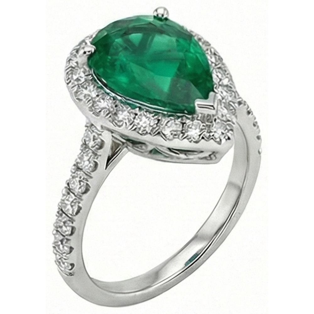 Green Emerald Gemstone Ring With Halo Natural Earth Mined Diamond 3.75 Carats White Gold 14K