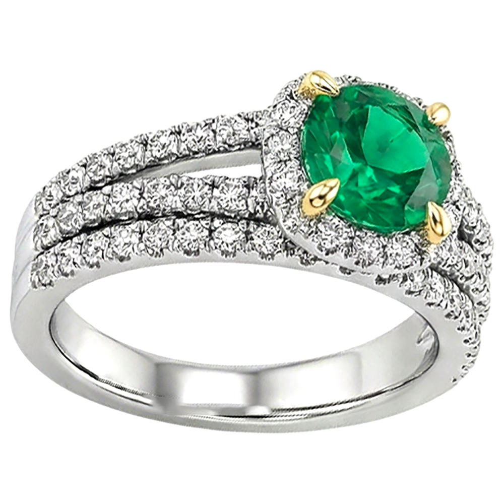 Colombian Emerald Round Brilliant Colored Stone Ring in Two-Tone 14K Gold – top view