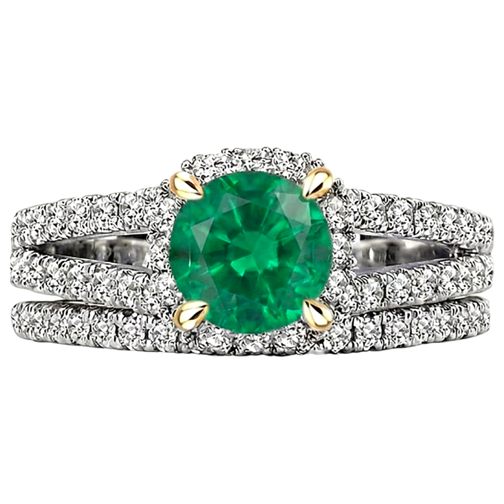 Colombian Emerald Round Brilliant Colored Stone Ring in Two-Tone 14K Gold – front view