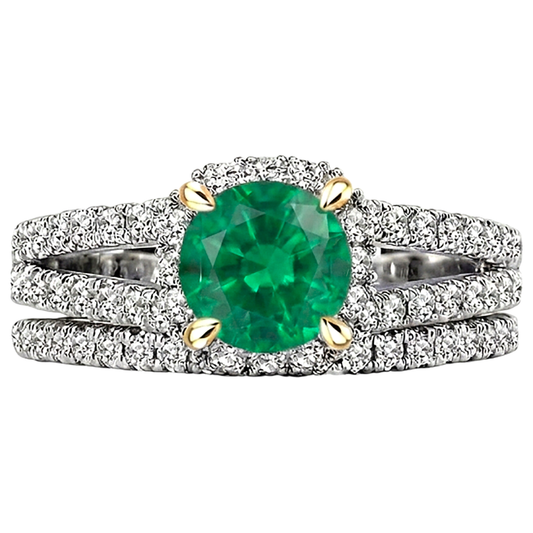 Colombian Emerald Round Brilliant Colored Stone Ring in Two-Tone 14K Gold – front view