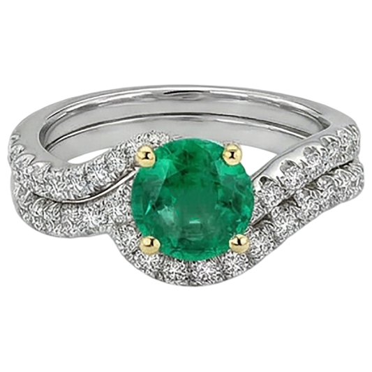 Colombian Emerald Round Brilliant Colored Stone Ring in Two-Tone 14K Gold – front view