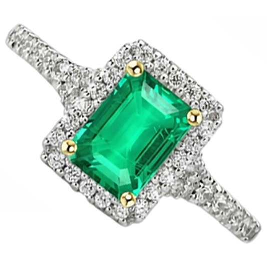 Natural Colombian Emerald Precious Stone Ring 2 ct 14K Two Tone Gold – front view