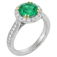 Colombian Emerald Round Brilliant Gemstone Ring in 14 Karat Two Tone Gold – profile view