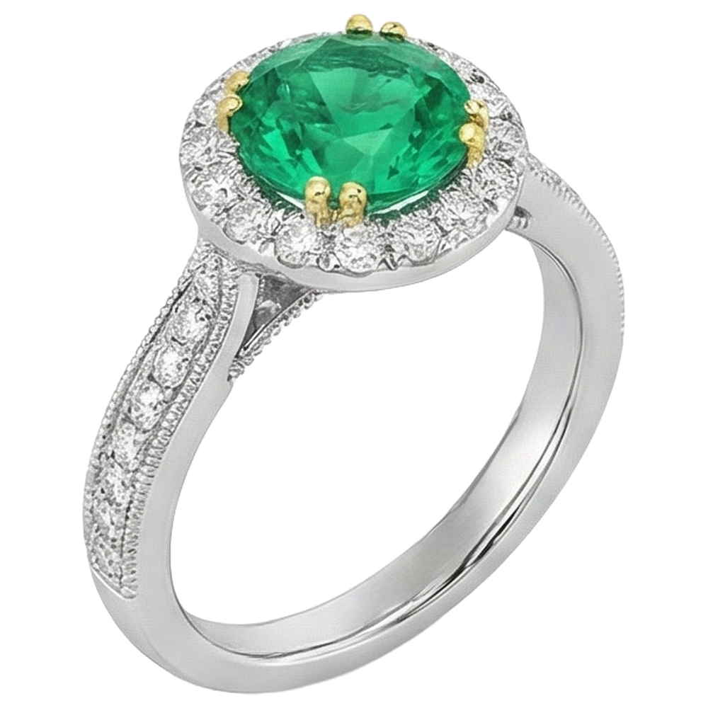 Colombian Emerald Round Brilliant Gemstone Ring in 14 Karat Two Tone Gold – profile view