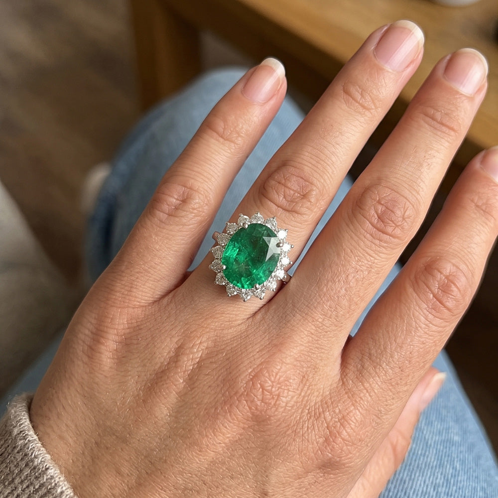 Green Emerald Halo Engagement Ring