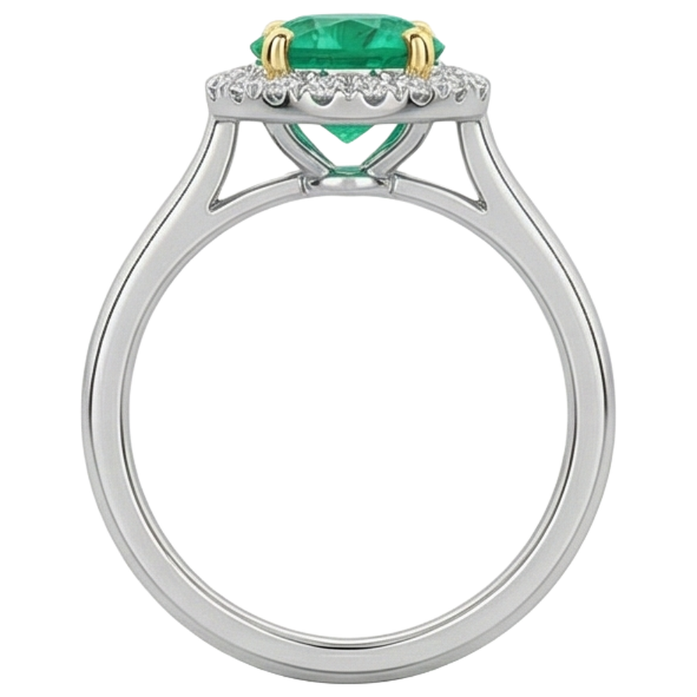 Round Cut Fine Emerald ring in 14K Two Tone Gold – back view