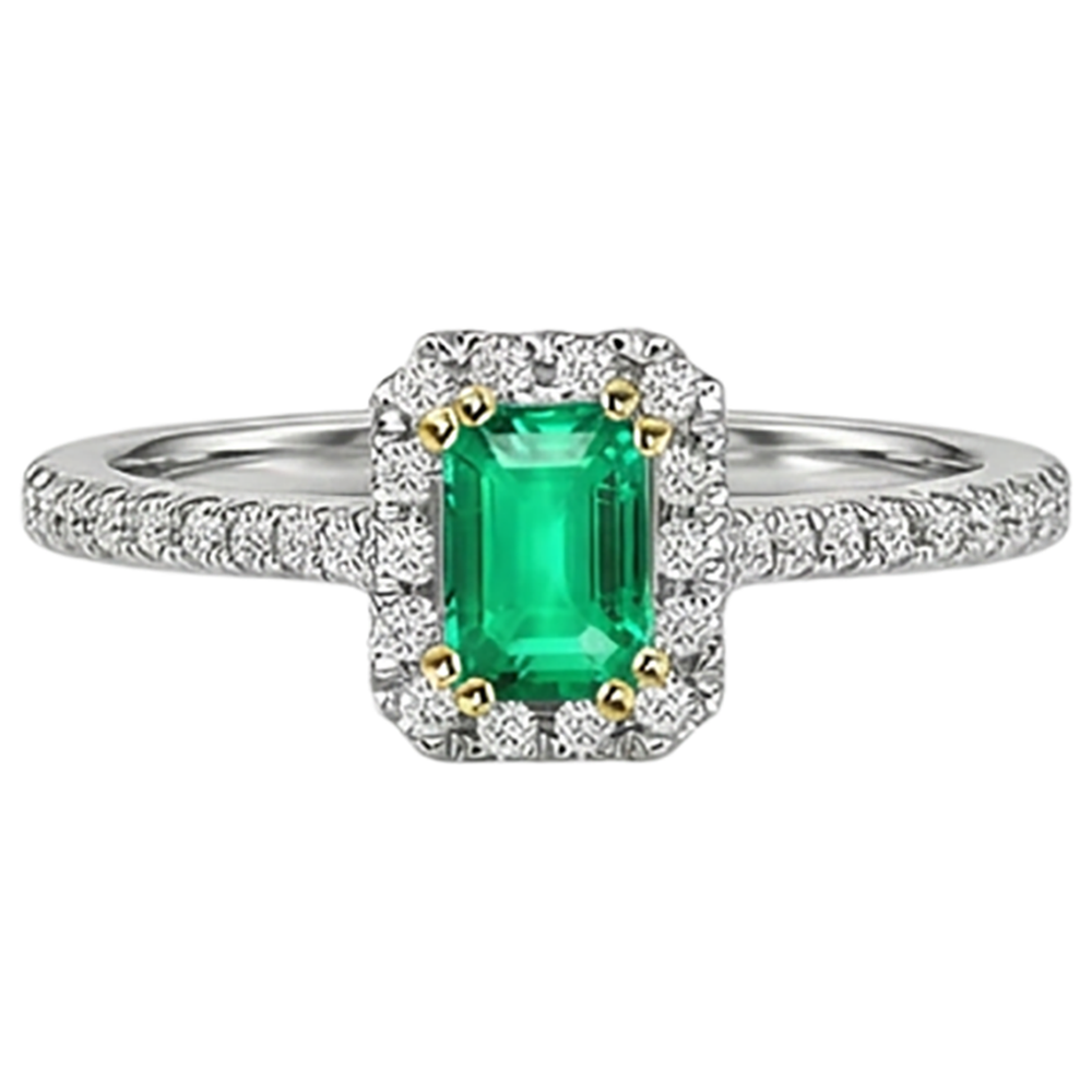 Precious Stone Ring 14K Two Tone Gold with Fine Emerald – front view