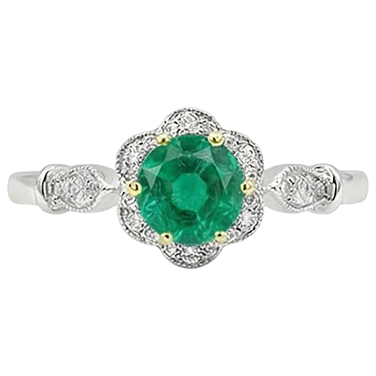 Authentic Colombian Emerald Colored Stone Ring 2 ct 14K Two Tone Gold – front view