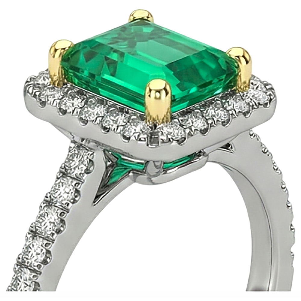 Colombian Emerald Gemstone Ring 2-ct 14 Karat Two Tone Gold – profile view