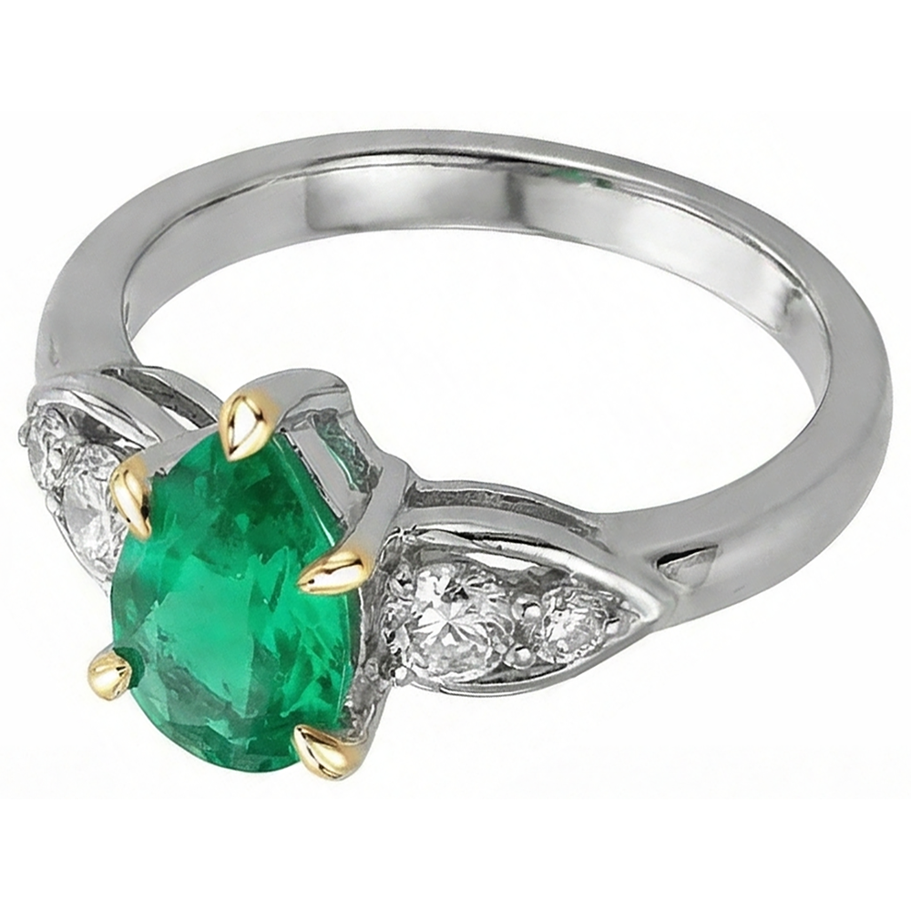 Fine Emerald Pear Cut Colored Stone Ring in Two-Tone 14K Gold – front view